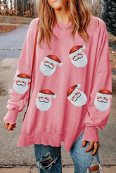 Sequin Santa Round Neck Slit  Christmas Sweatshirt